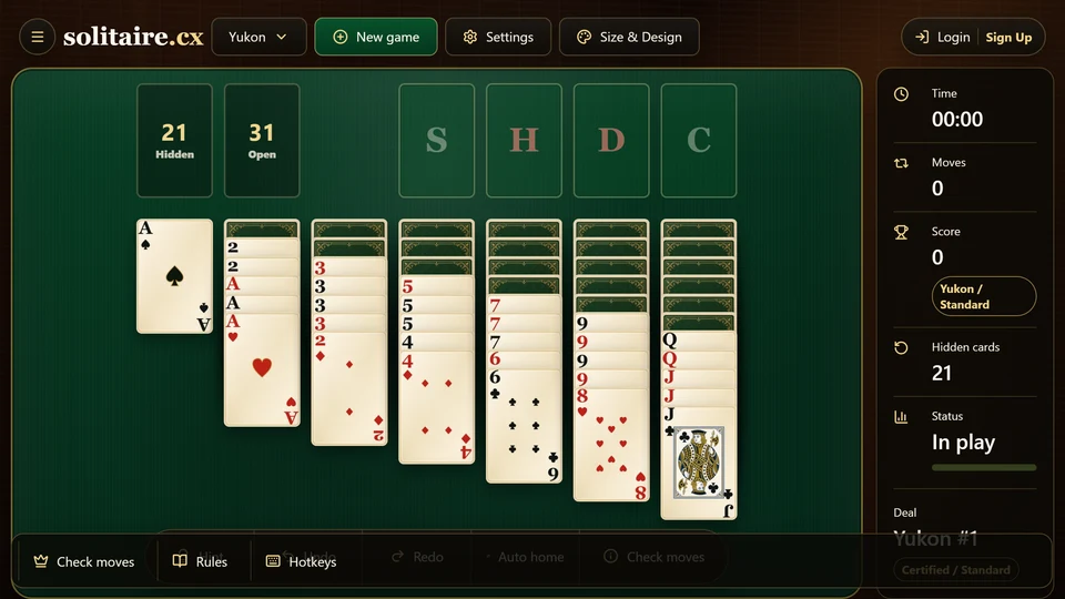 Yukon Solitaire opening board with 7 tableau columns, 4 foundations and hidden cards already dealt to the table.
