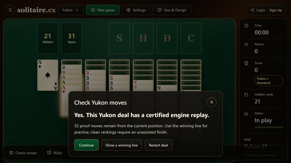 Yukon Solitaire Check Moves panel confirming a certified engine replay for the current deal.