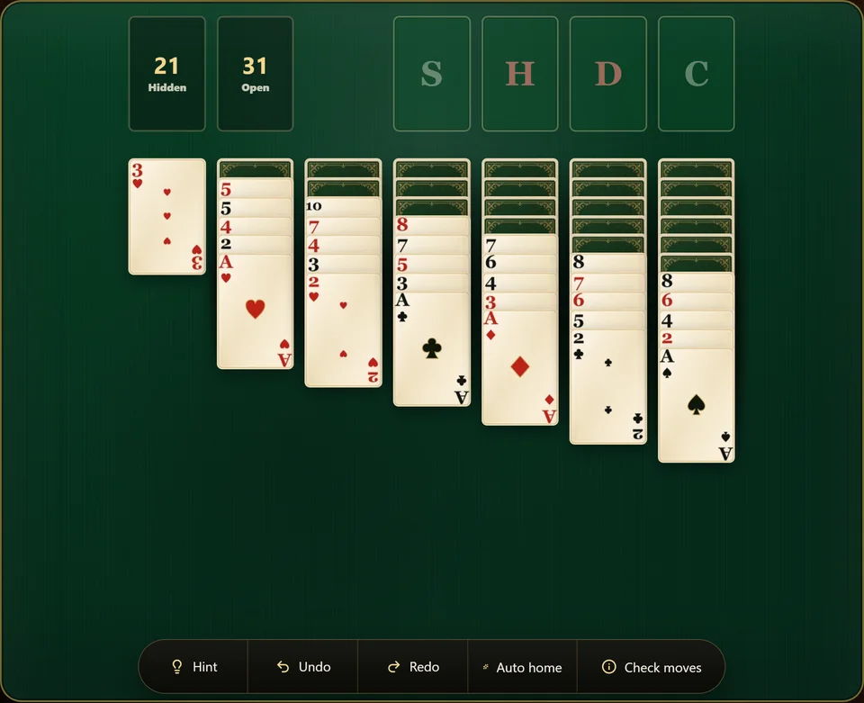 A fresh Yukon Solitaire deal with 7 columns of increasing length, the top 5 cards of each column face up, the lower cards face down and 4 empty foundations.