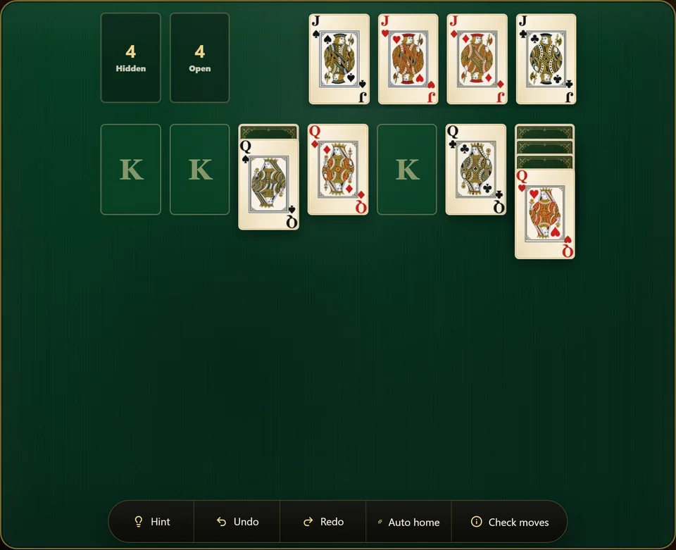 A Yukon Solitaire game well advanced, with the foundations built up high in every suit and most of the columns cleared away.