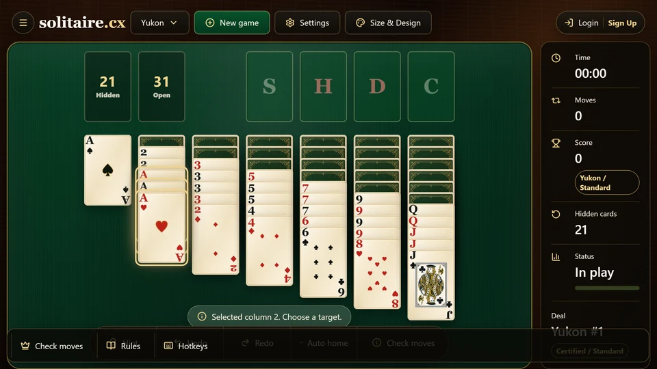 Yukon Solitaire board with a selected face-up stack, showing that the lead card controls whether the whole stack can move.